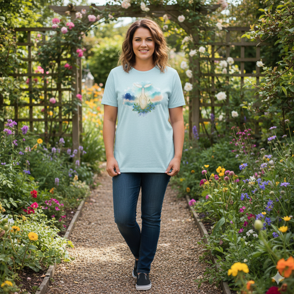 Woman wearing a light blue t-shirt with a graphic design, standing in a garden with flowers and a wooden trellis.