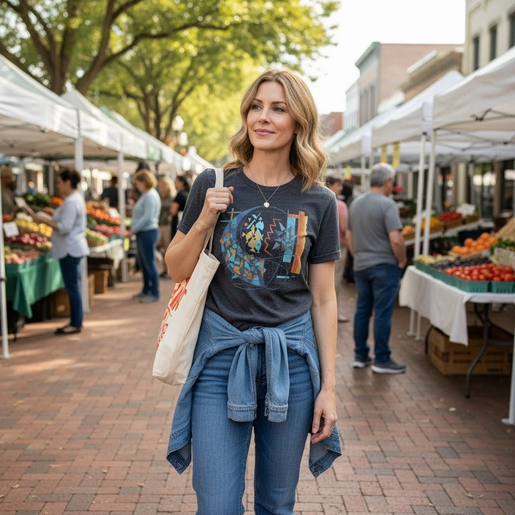 Woman standing in a farmers market wearing a graphic t-shirt and denim jacket.