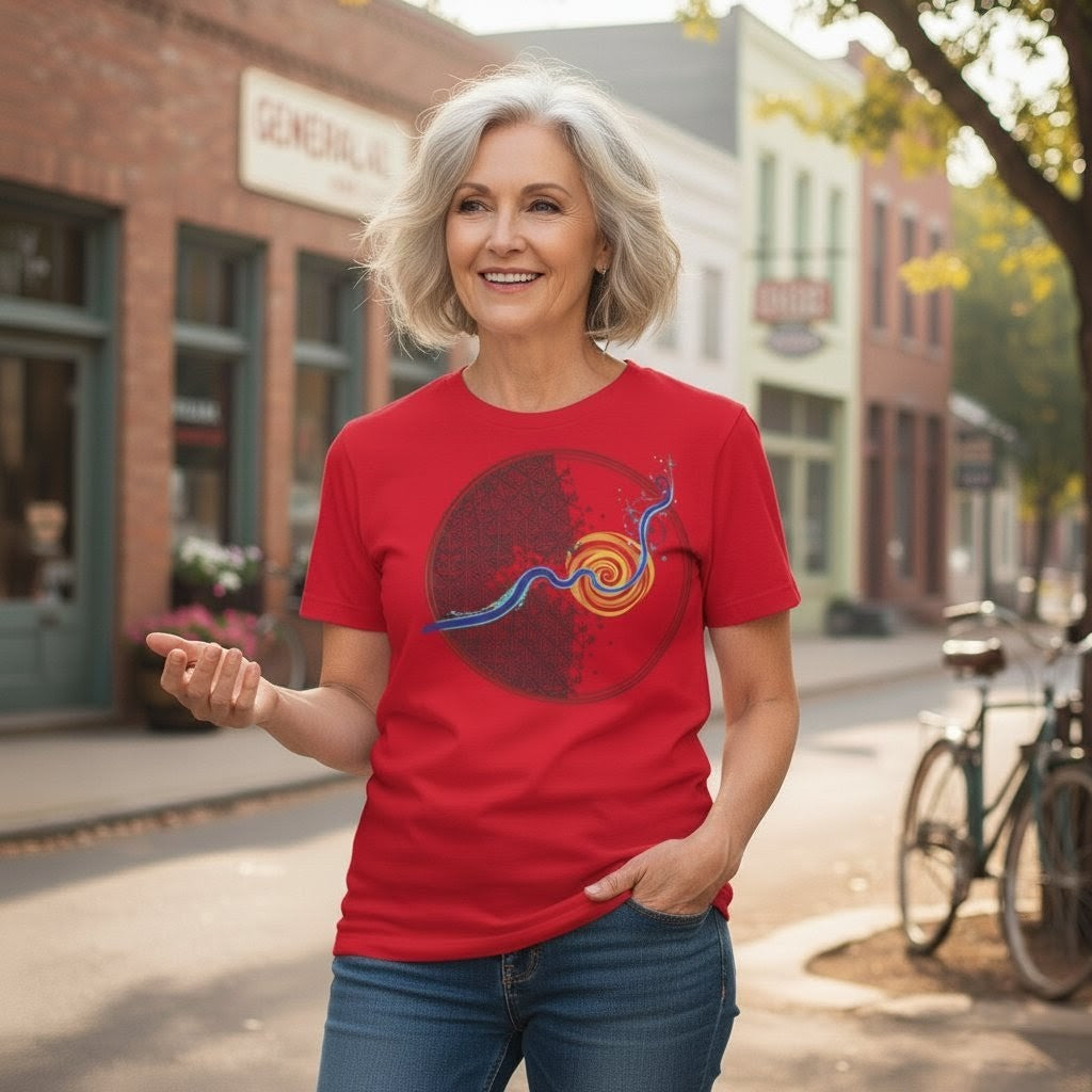 Woman wearing a red t-shirt with a graphic design on a street.