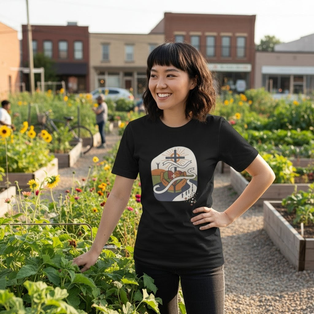 Woman wearing a black t-shirt with a graphic design, standing in a community garden.