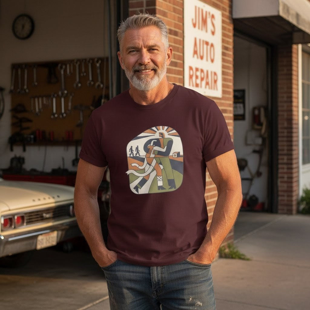 Man wearing a t-shirt with a graphic design in front of a garage with tools and a sign.