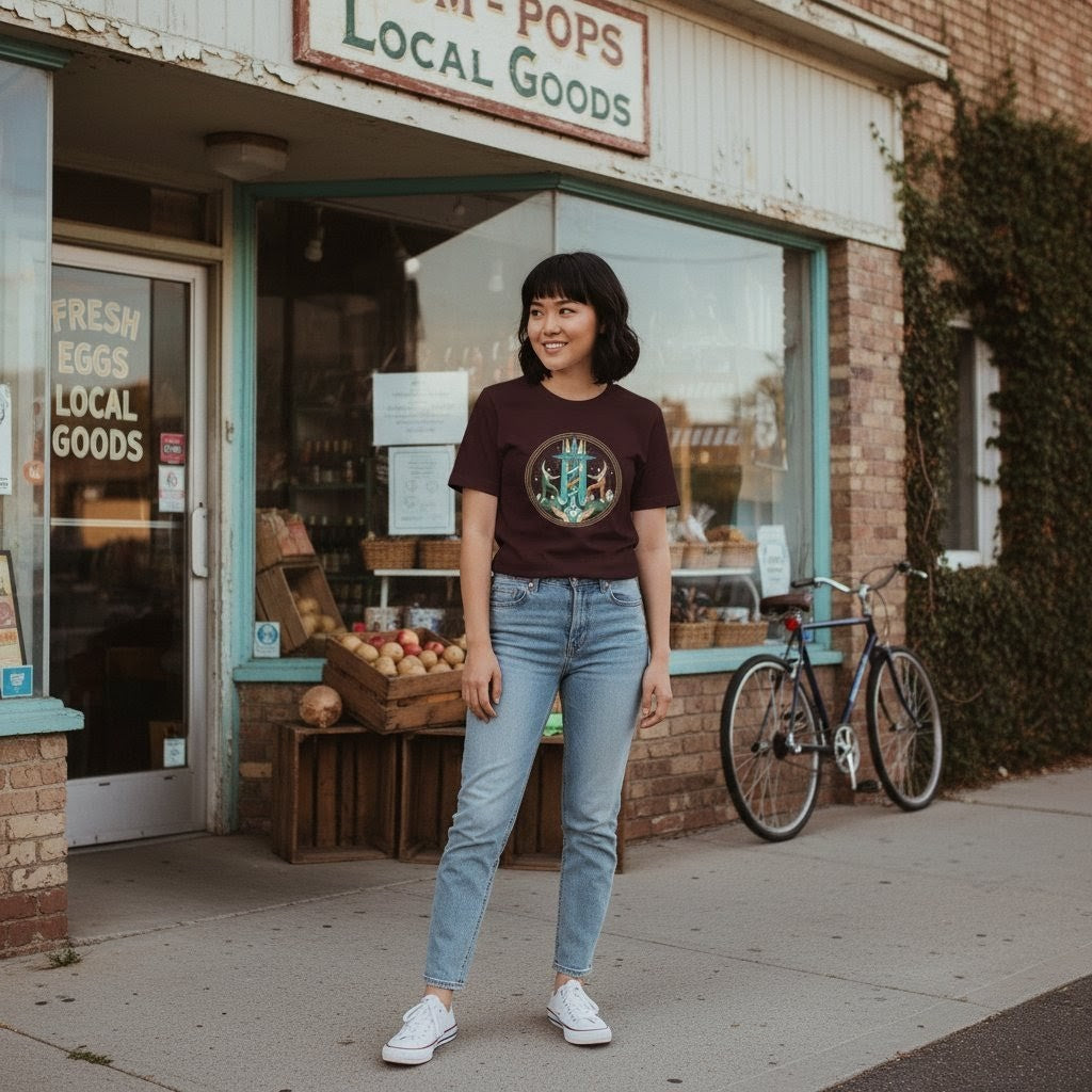 Woman standing in front of a store named 'Local Goods' with a bicycle nearby.