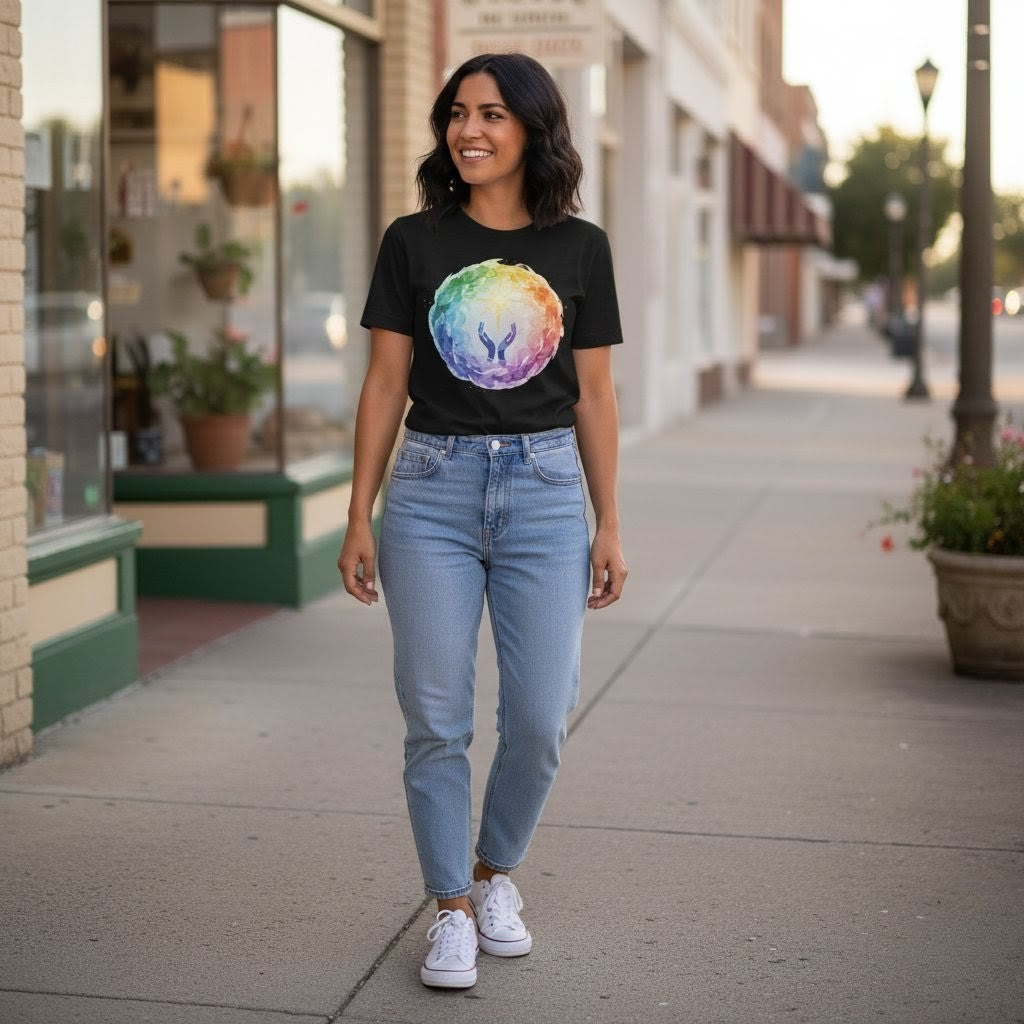 Woman wearing a black t-shirt with a colorful design, light blue jeans, and white sneakers on a sidewalk.