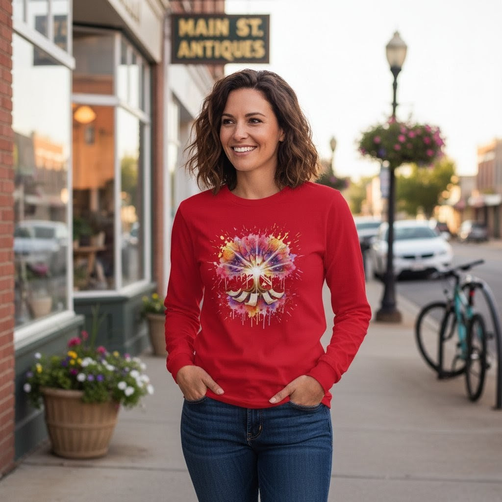 Woman wearing a red sweatshirt with a colorful design on a city street.