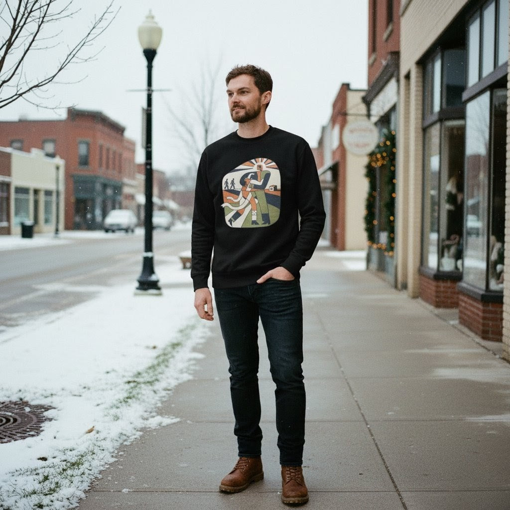 Man wearing a black sweatshirt with a graphic design standing on a snowy sidewalk.