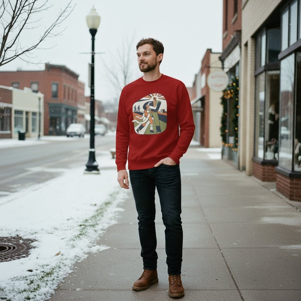 Man wearing a red sweater with a graphic design on a city street.