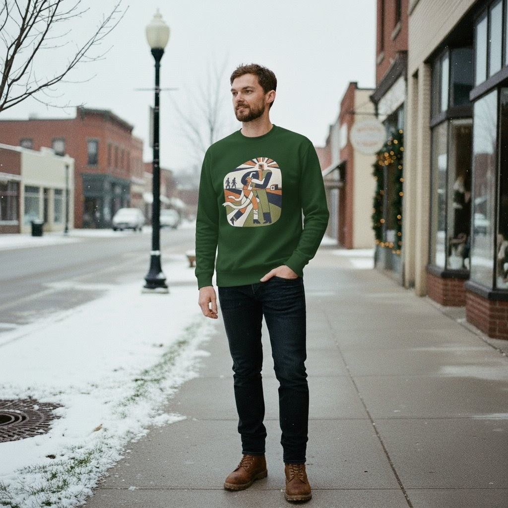 Man wearing a green sweater with a graphic design on a city street.