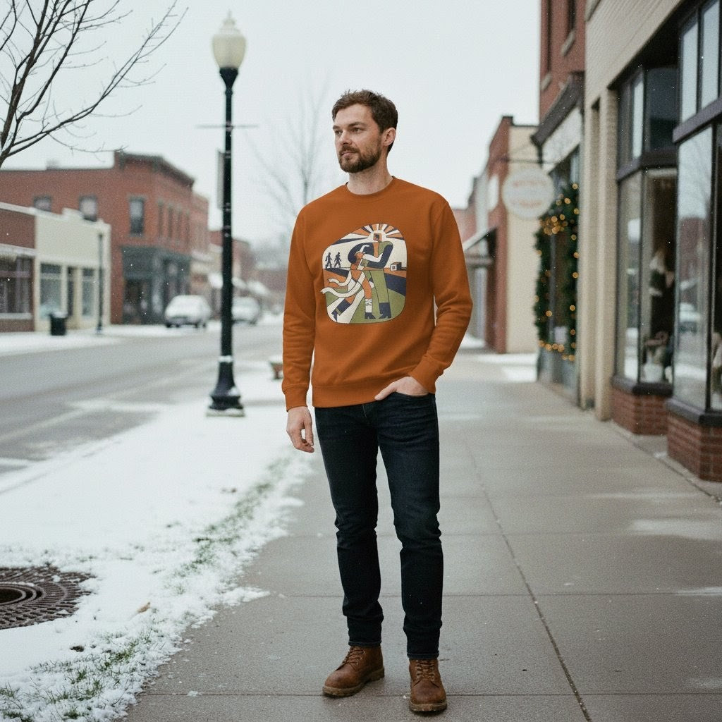 Man wearing a brown sweater with a graphic design on a snowy street.