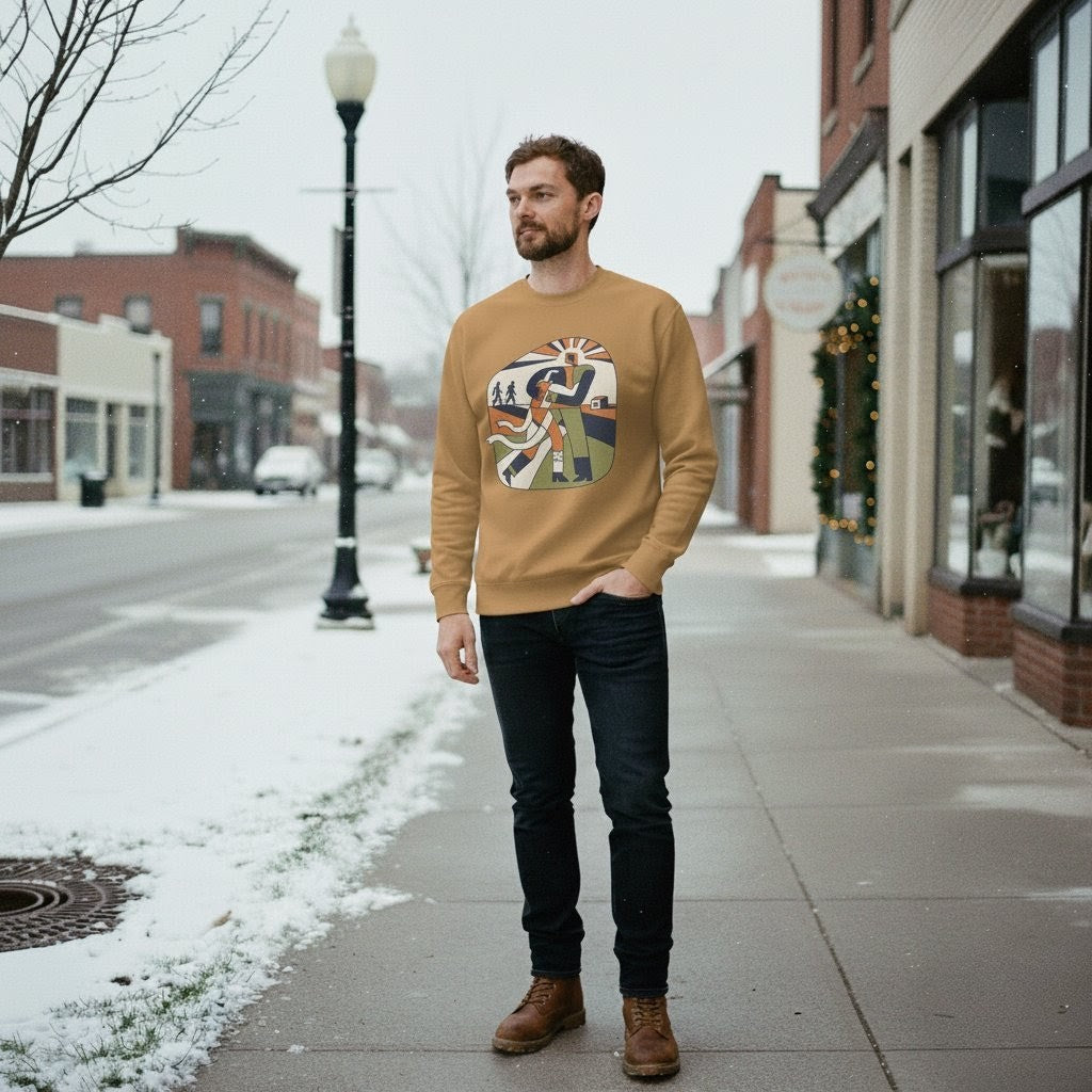 Man wearing a mustard yellow sweatshirt with a graphic design on a city street.