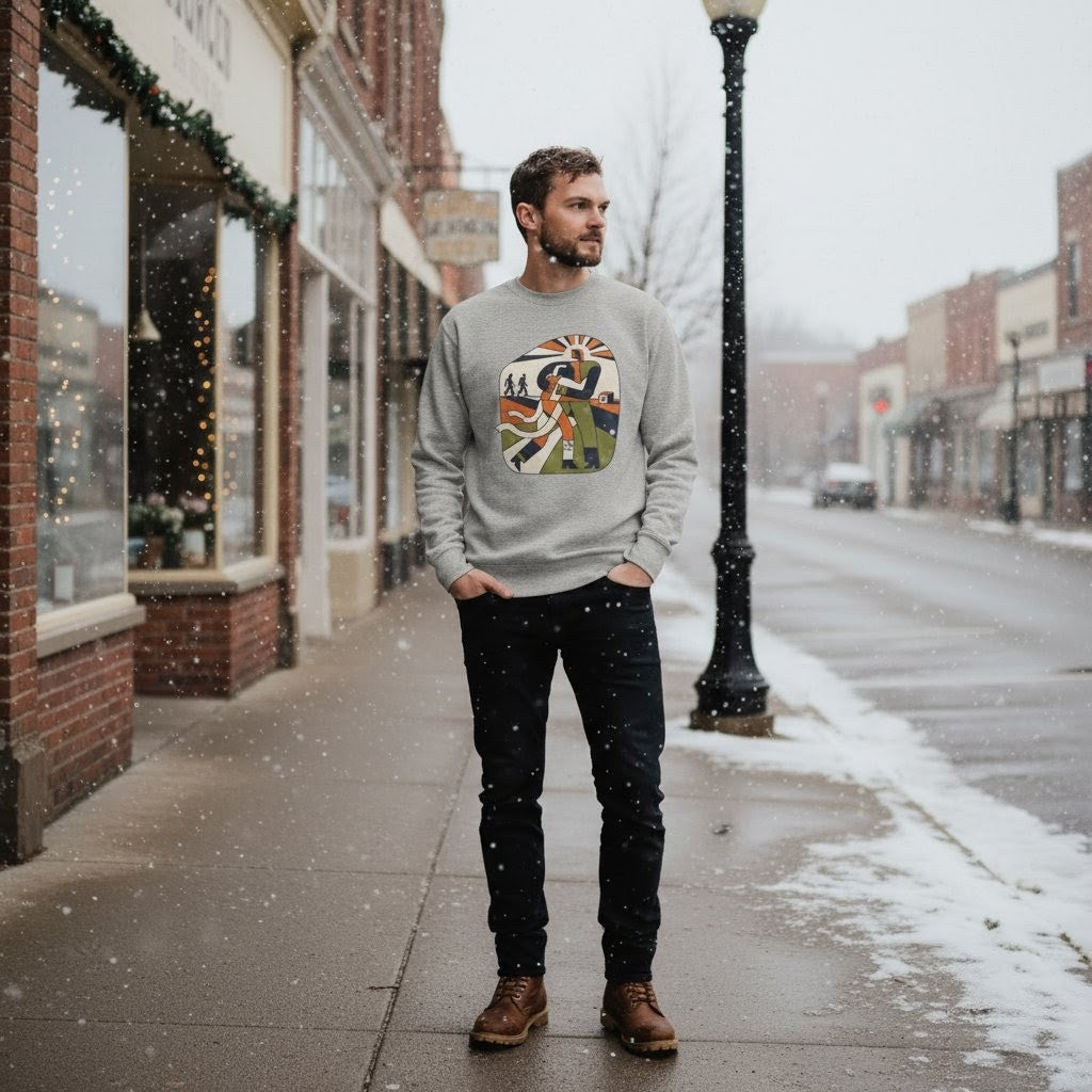 Man wearing a gray sweatshirt with a colorful graphic on a snowy street.