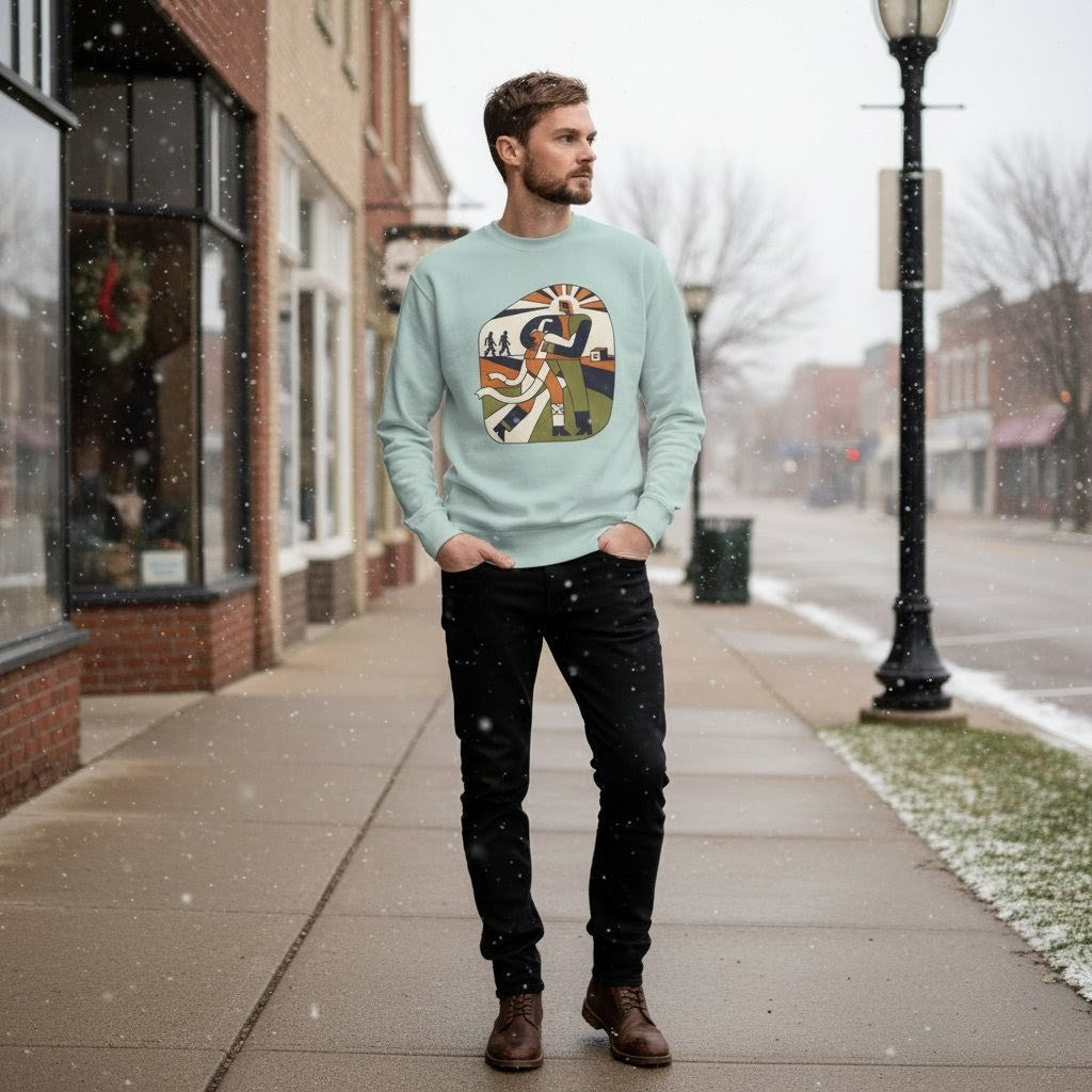 Man wearing a light blue sweatshirt with a graphic design on a snowy sidewalk.