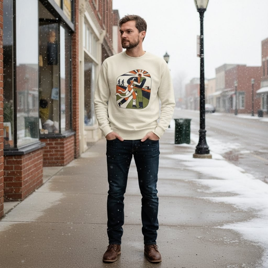 Man wearing a cream sweatshirt with a graphic design on a snowy street.