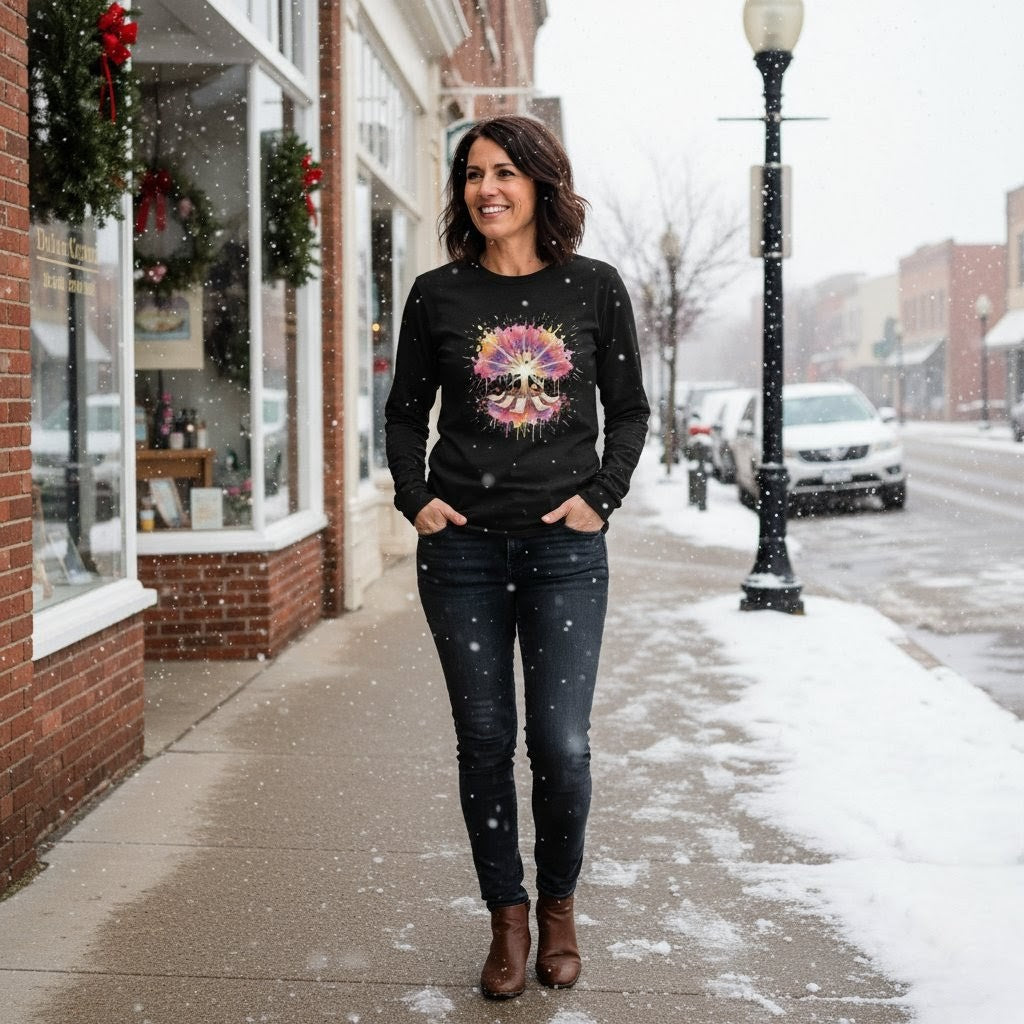 Woman wearing a black sweatshirt with a colorful design on a snowy street.