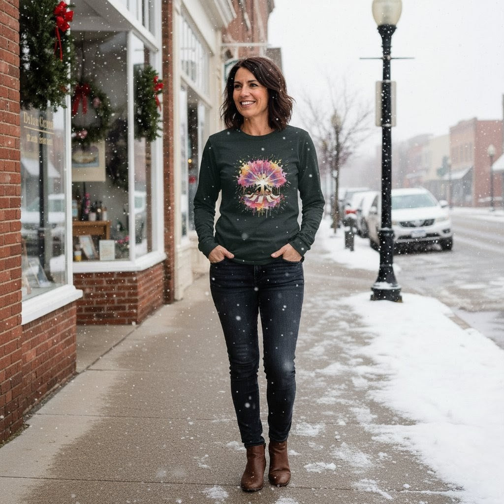 Woman wearing a dark green sweatshirt with a colorful design, standing on a snowy sidewalk.
