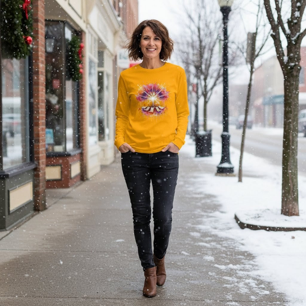 Woman wearing a yellow sweatshirt with a colorful design on a snowy street.