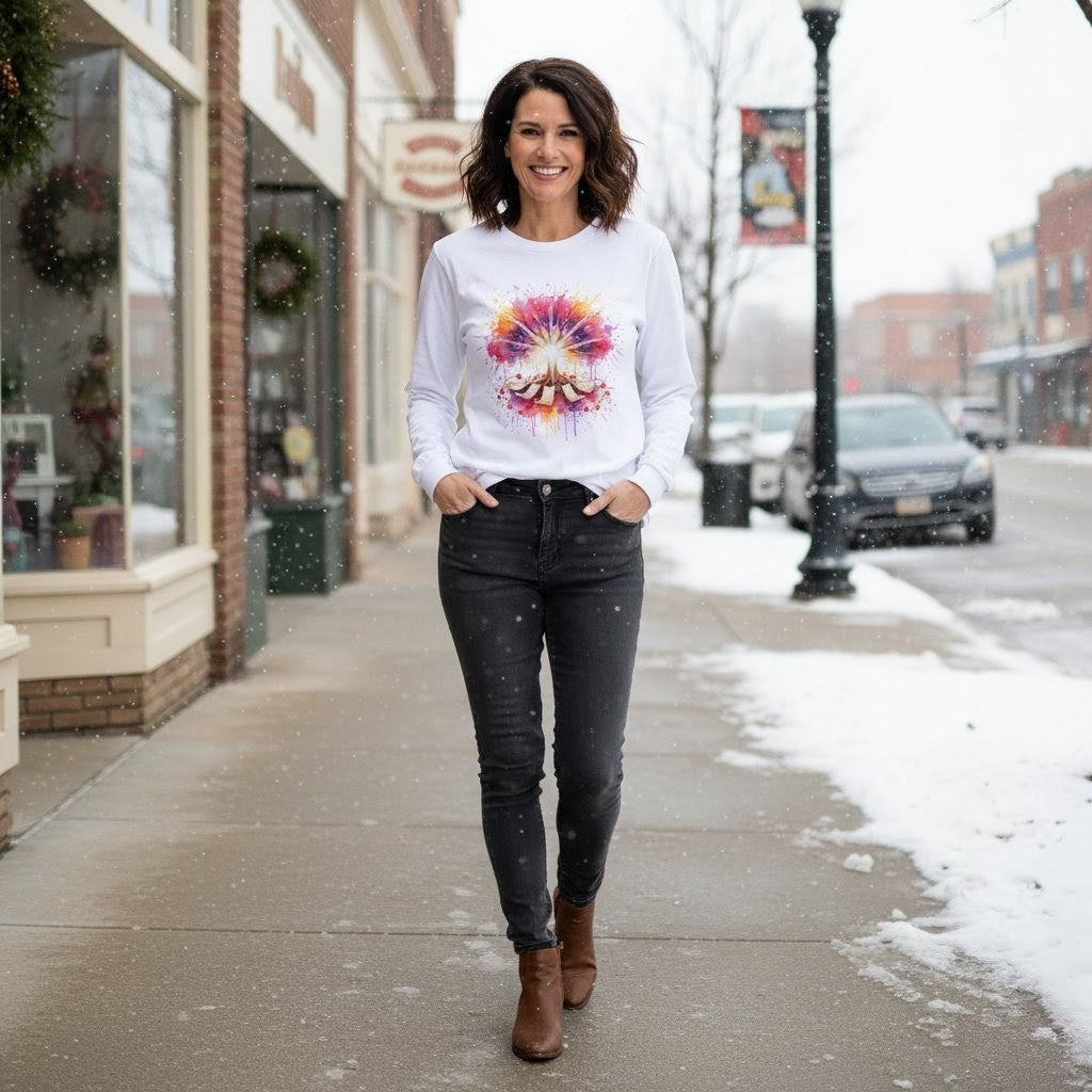 Woman wearing a white sweatshirt with a colorful design, black jeans, and brown boots on a snowy sidewalk.