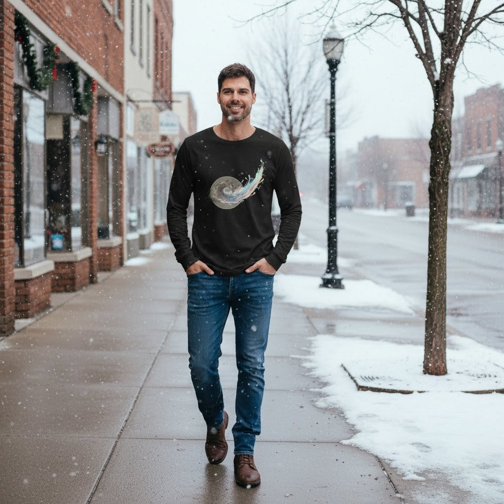 Man wearing a black sweater with a graphic design on a snowy street