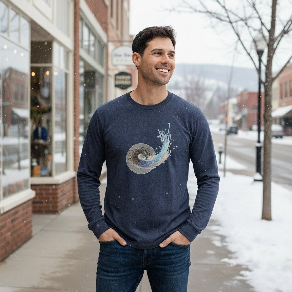 Man wearing a navy blue long-sleeve shirt with a graphic design on a snowy street.