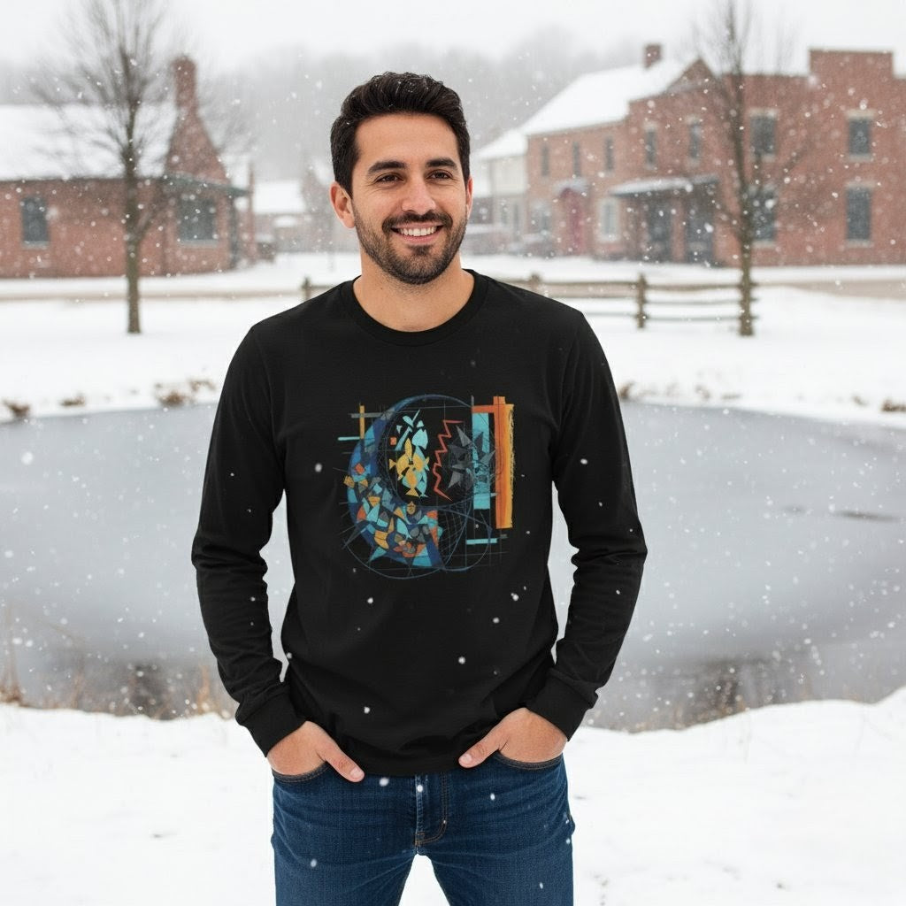 Man wearing a black sweatshirt with a colorful design in a snowy outdoor setting
