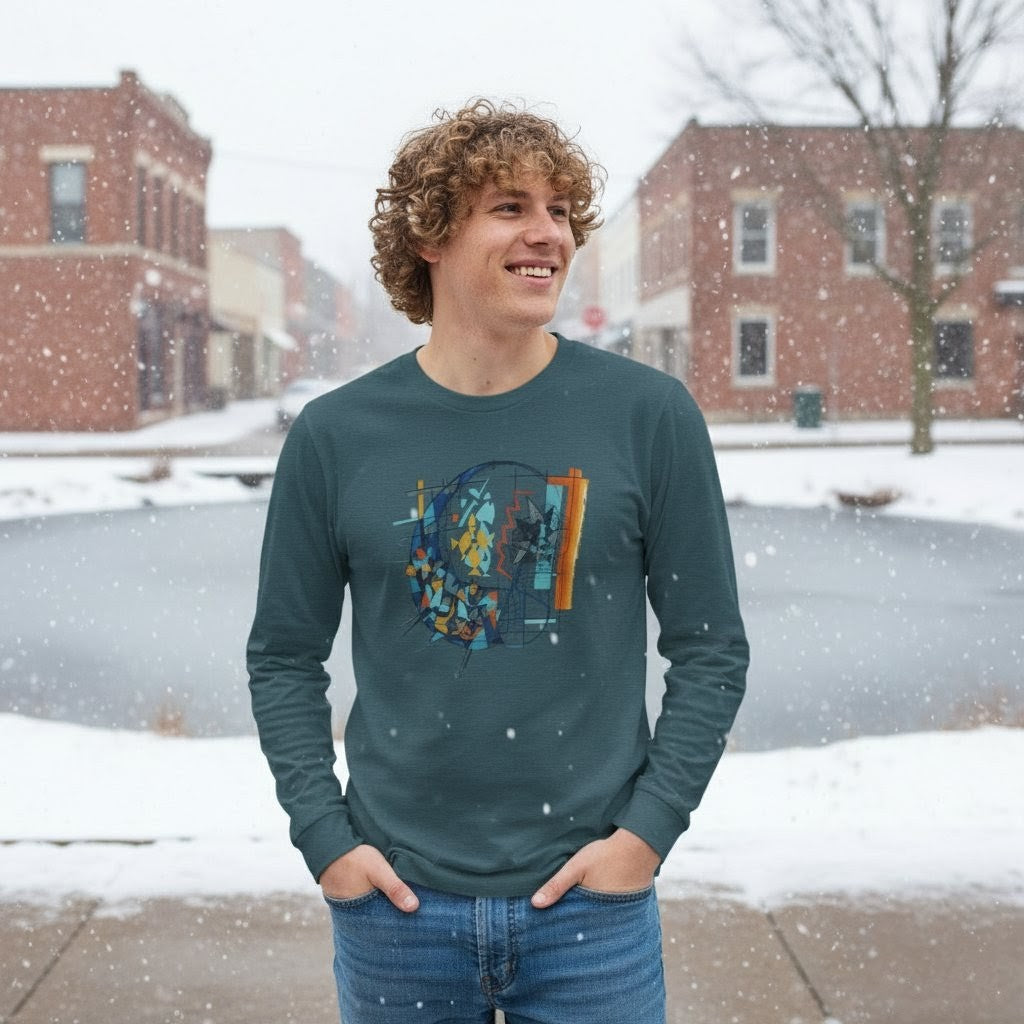 Person wearing a teal long-sleeve shirt with a colorful graphic design outdoors in a snowy setting.