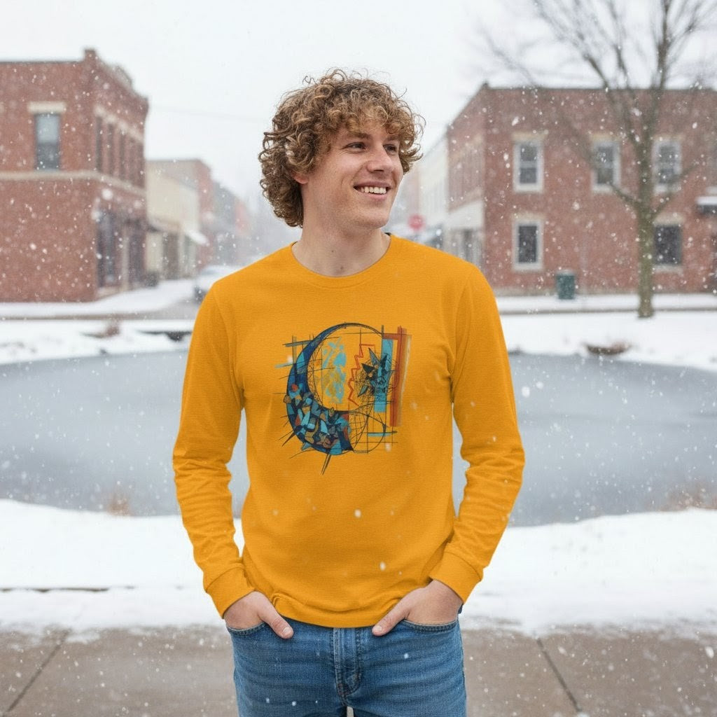 Person wearing a mustard yellow long-sleeve shirt with a graphic design, standing outdoors in a snowy setting.