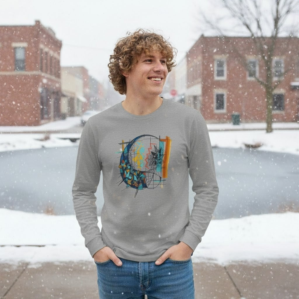 Person wearing a gray long-sleeve shirt with a colorful design in a snowy outdoor setting.