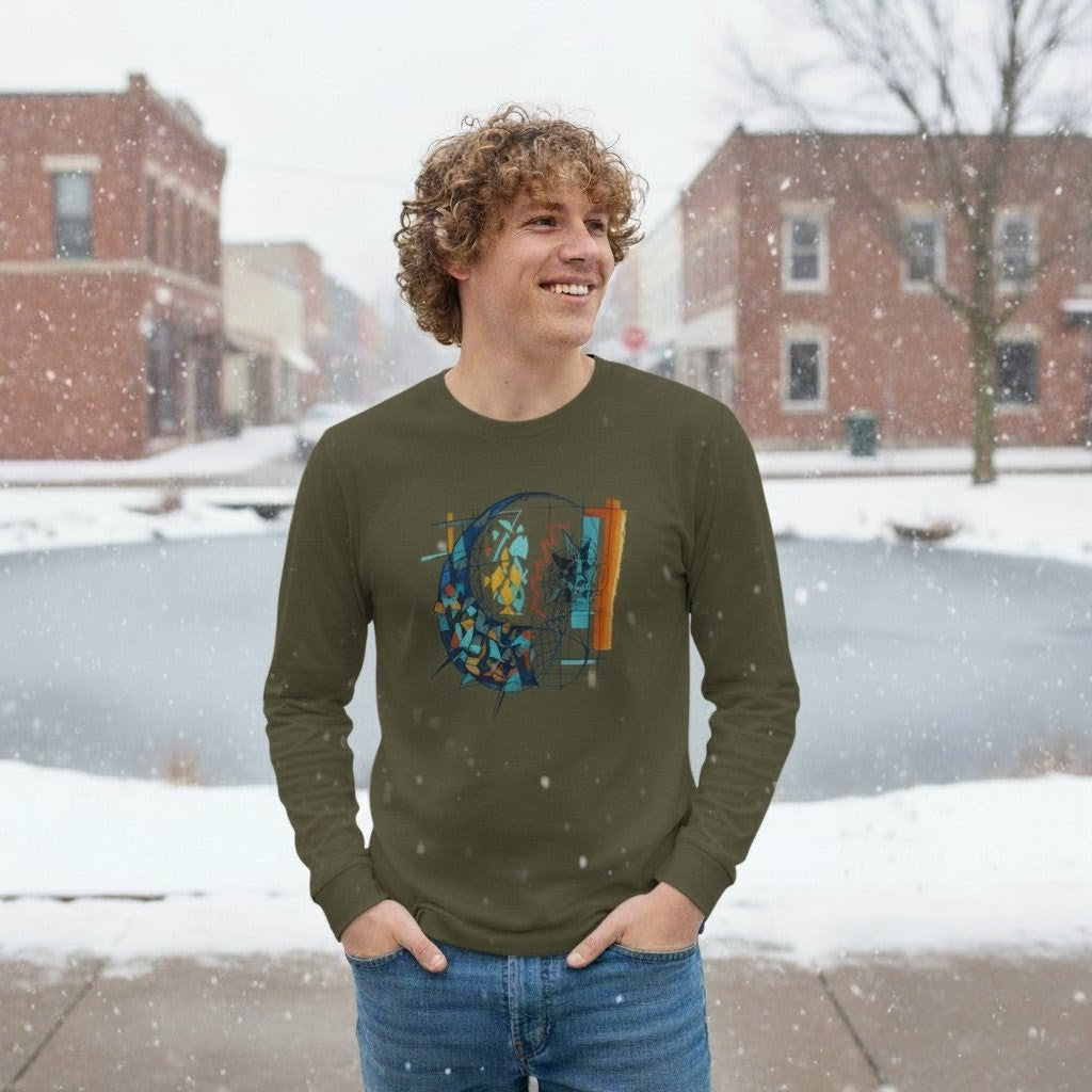 Person wearing a green long-sleeve shirt with a colorful design in a snowy outdoor setting.