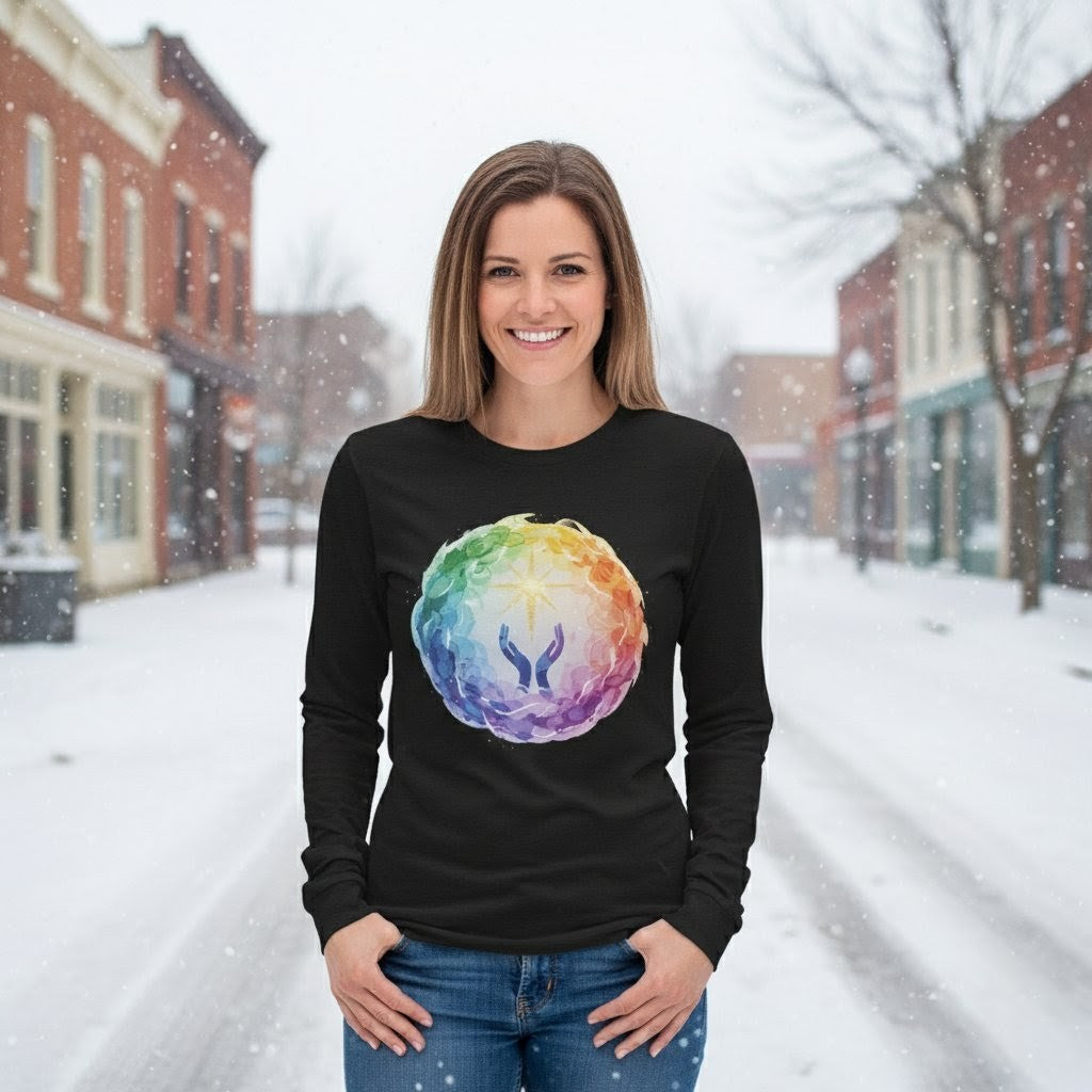 Woman wearing a black long-sleeve shirt with a colorful design in a snowy street.
