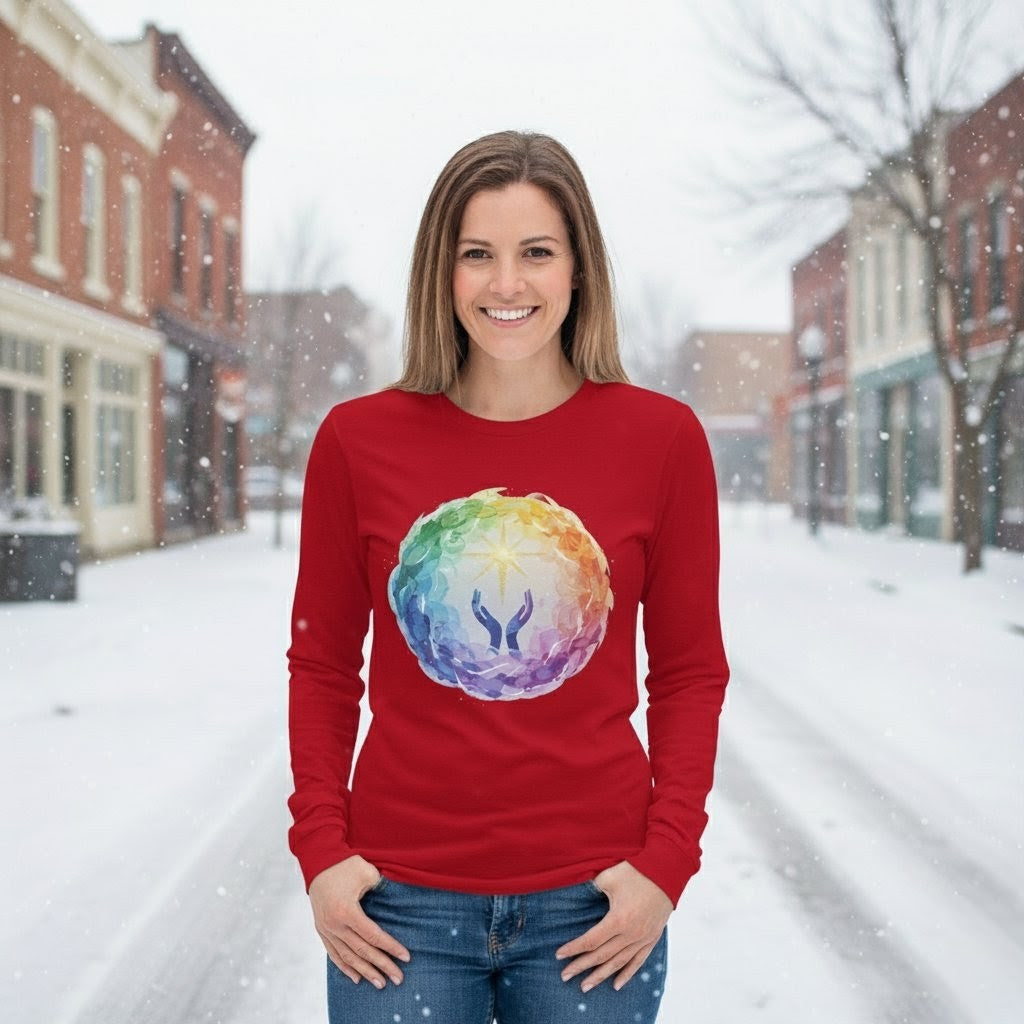 Woman wearing a red long-sleeve shirt with a colorful design in a snowy street.