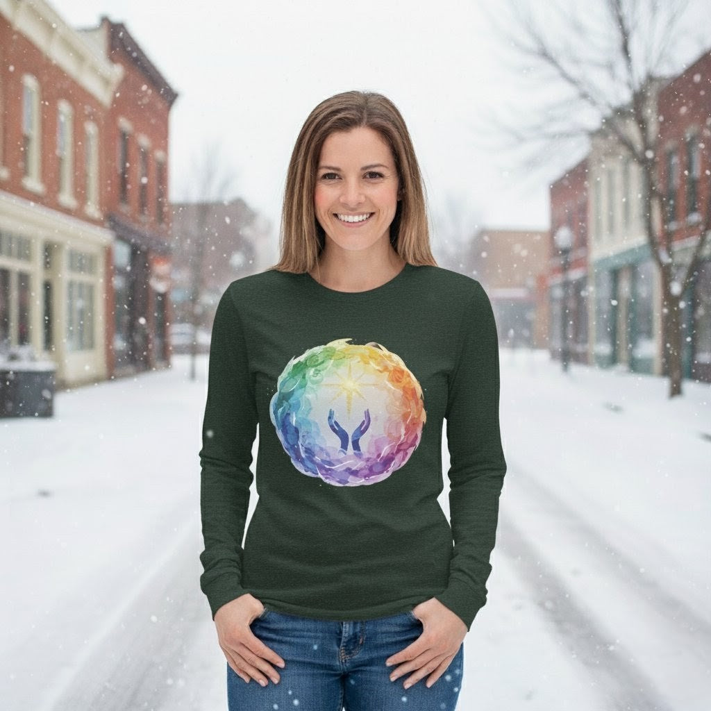 Woman wearing a green long-sleeve shirt with a colorful design in the snow.