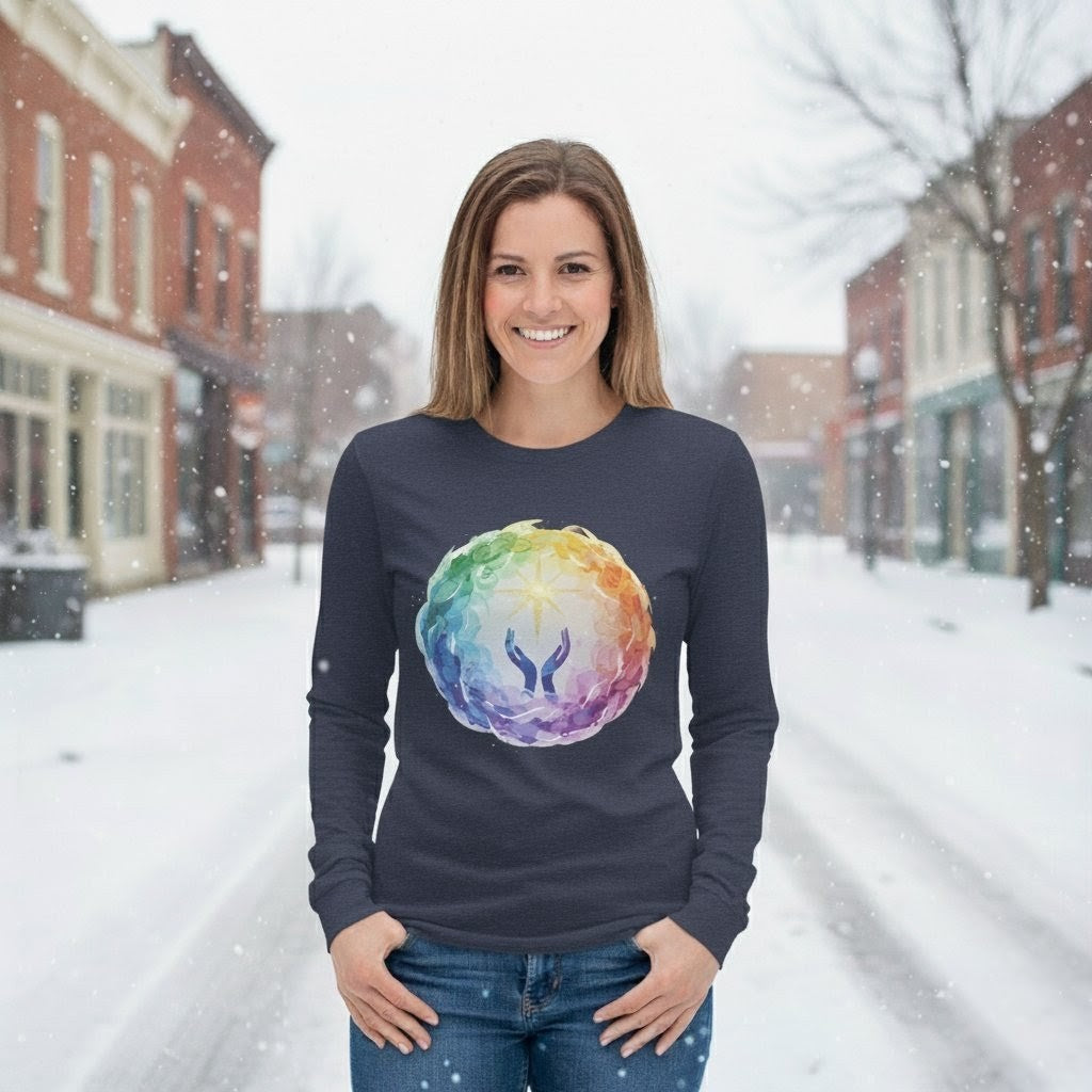 Woman wearing a dark blue long-sleeve shirt with a colorful graphic on a snowy street.