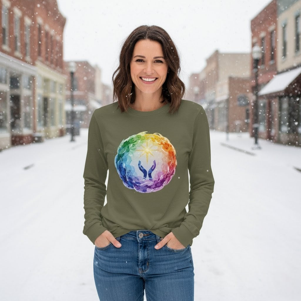 Woman wearing a green long-sleeve shirt with a colorful design in the snow.