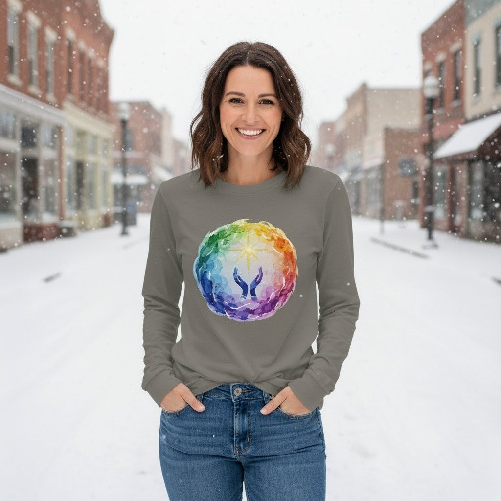 Woman wearing a gray long-sleeve shirt with a colorful design in a snowy street.