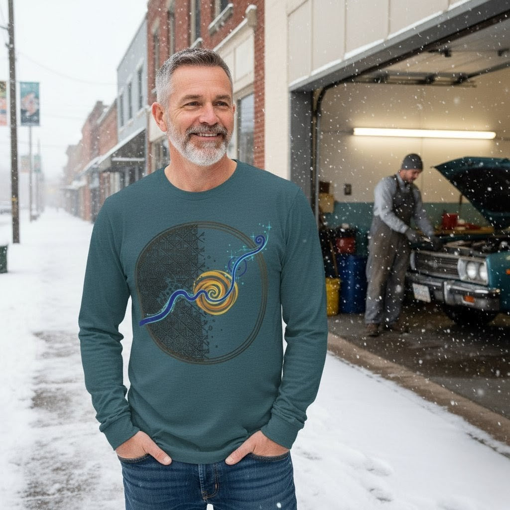 Man wearing a teal long-sleeve shirt with a graphic design, standing in a snowy street.