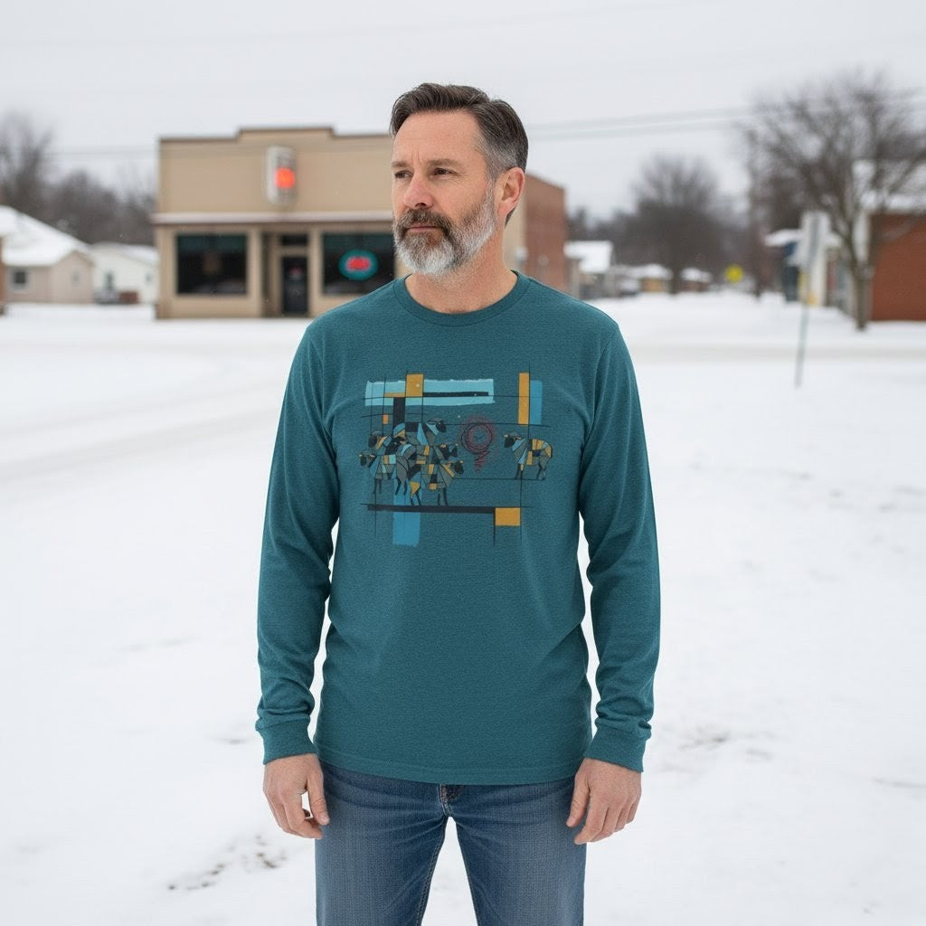 Man wearing a teal long-sleeve shirt with a graphic design standing in a snowy landscape.