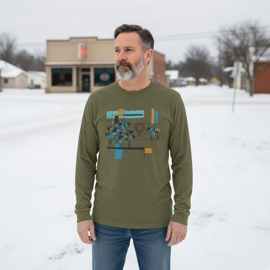 Man wearing a green long-sleeve shirt with a graphic design standing in a snowy landscape.