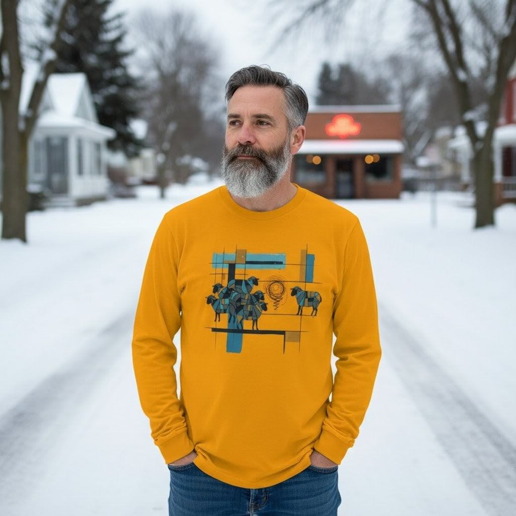 Man wearing a mustard yellow long-sleeve shirt with a graphic design in a snowy outdoor setting.