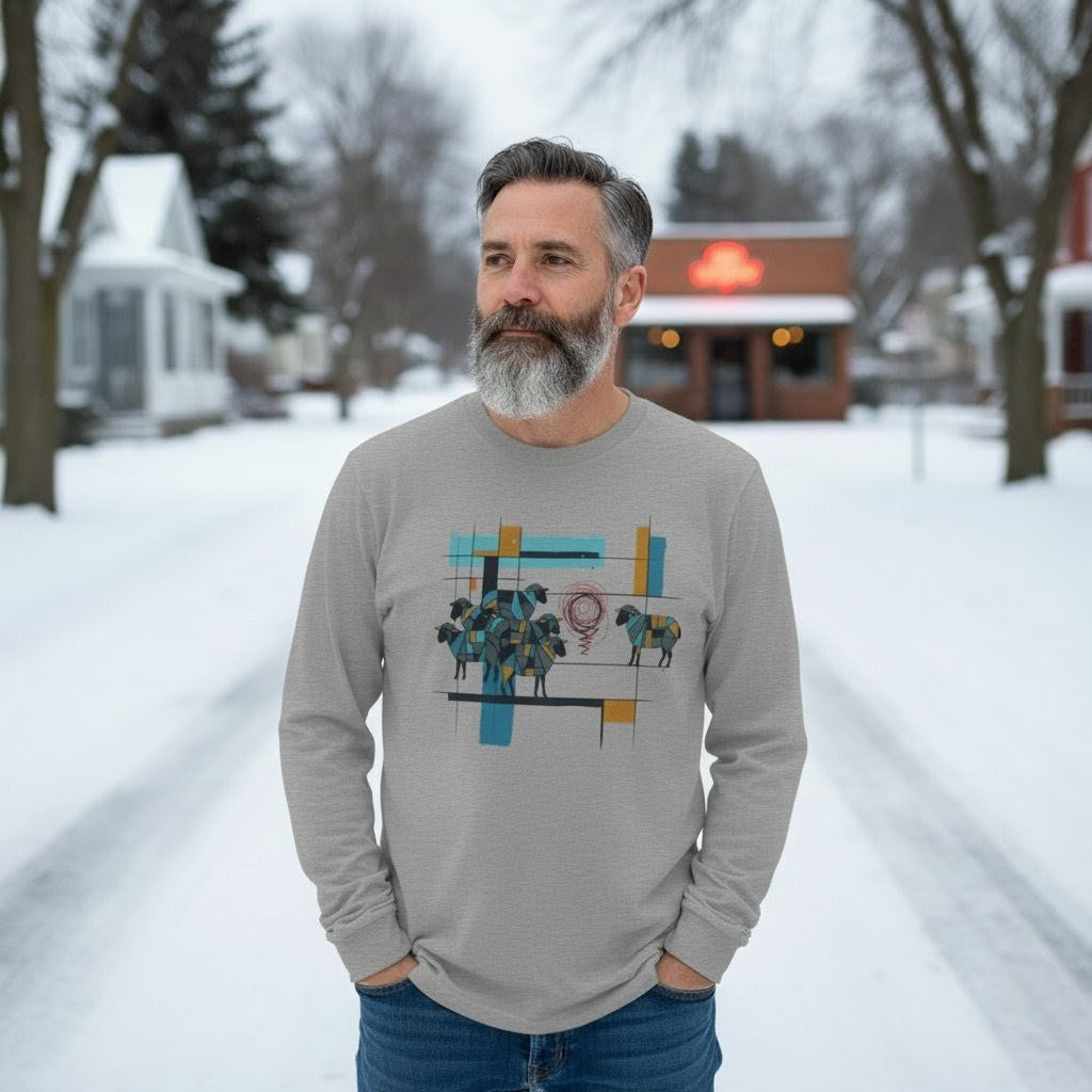 Man wearing a gray sweatshirt with a graphic design in a snowy street setting