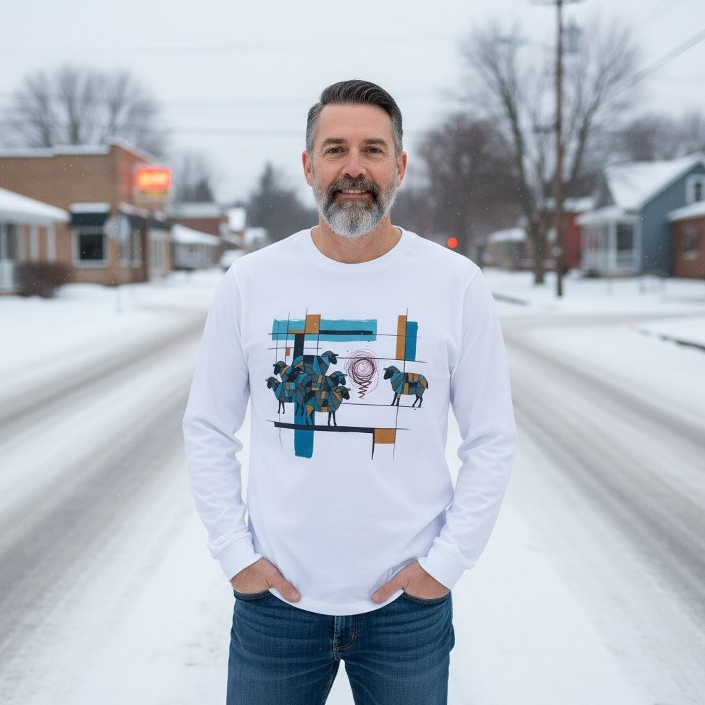 Man wearing a white long-sleeve shirt with a graphic design in a snowy street.