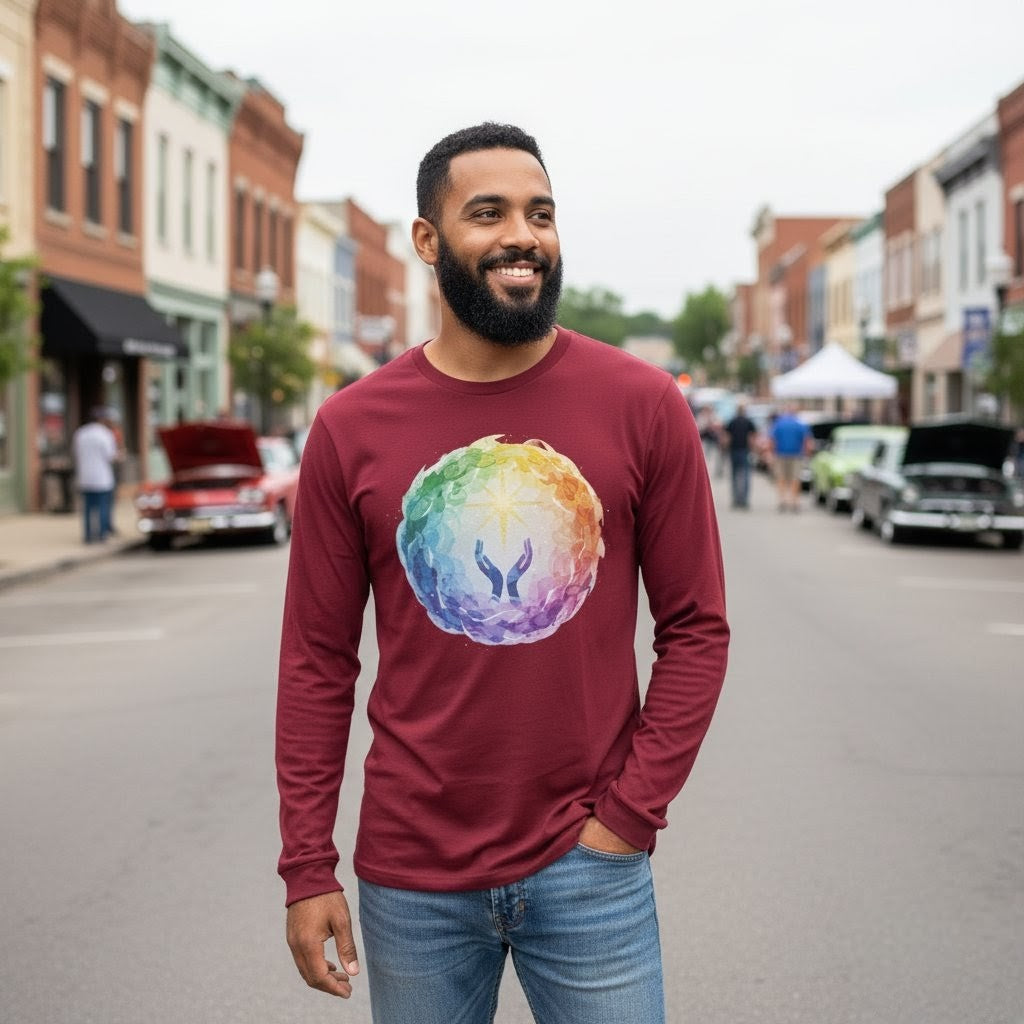 Man wearing a maroon long-sleeve shirt with a colorful graphic on a street.
