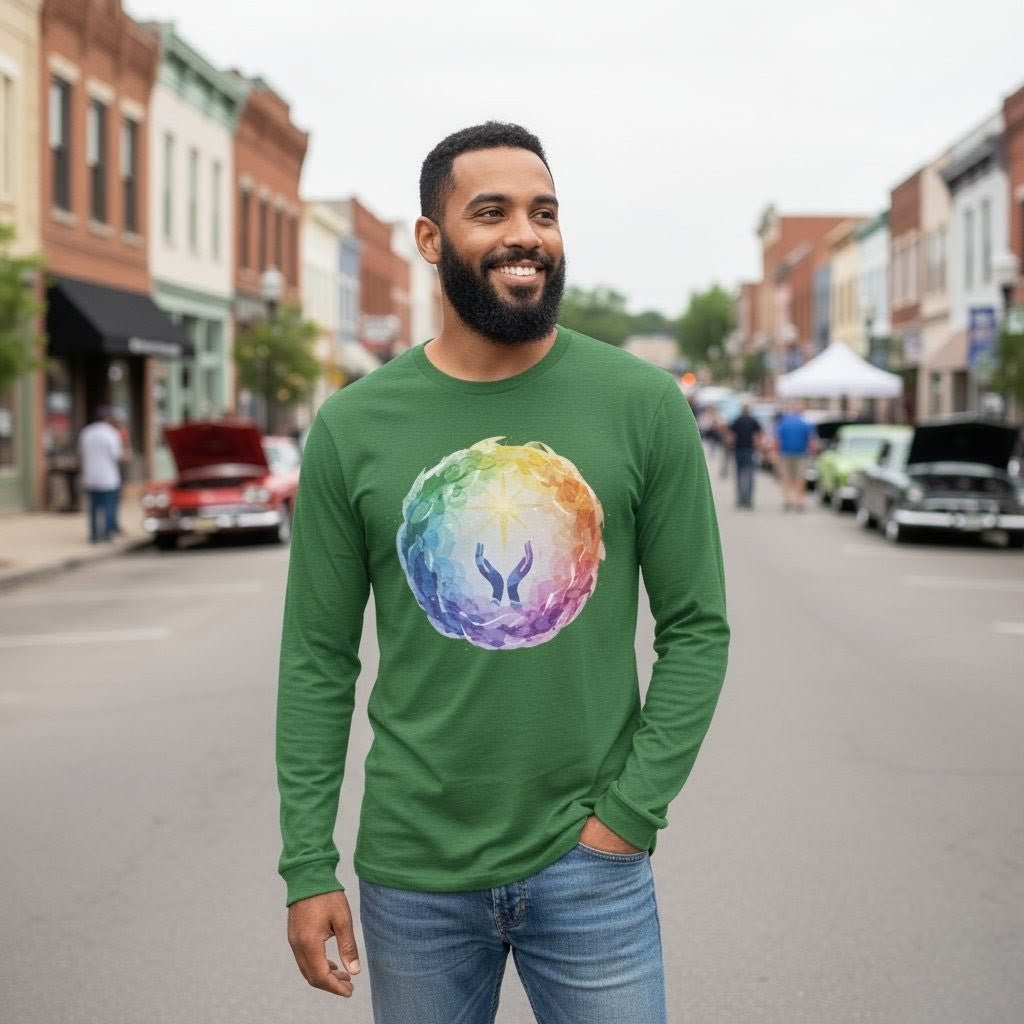 Man wearing a green long-sleeve shirt with a colorful design on a street.