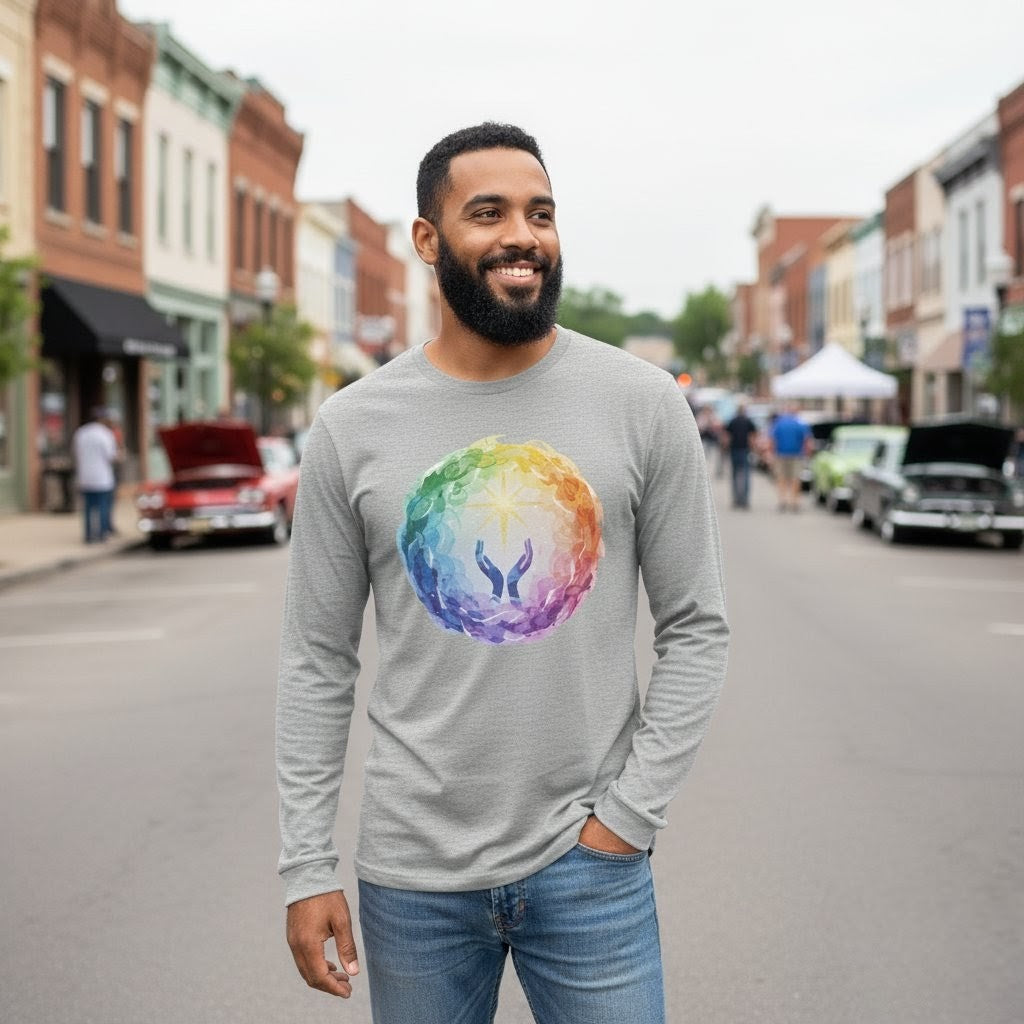 Man wearing a gray long-sleeve shirt with a colorful graphic on a street.