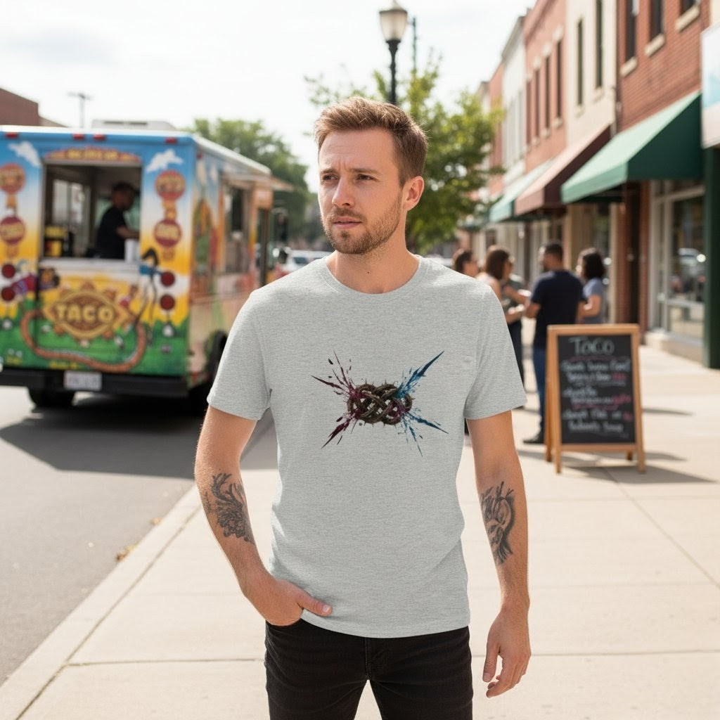 Man wearing a gray t-shirt with a graphic design on a city street.