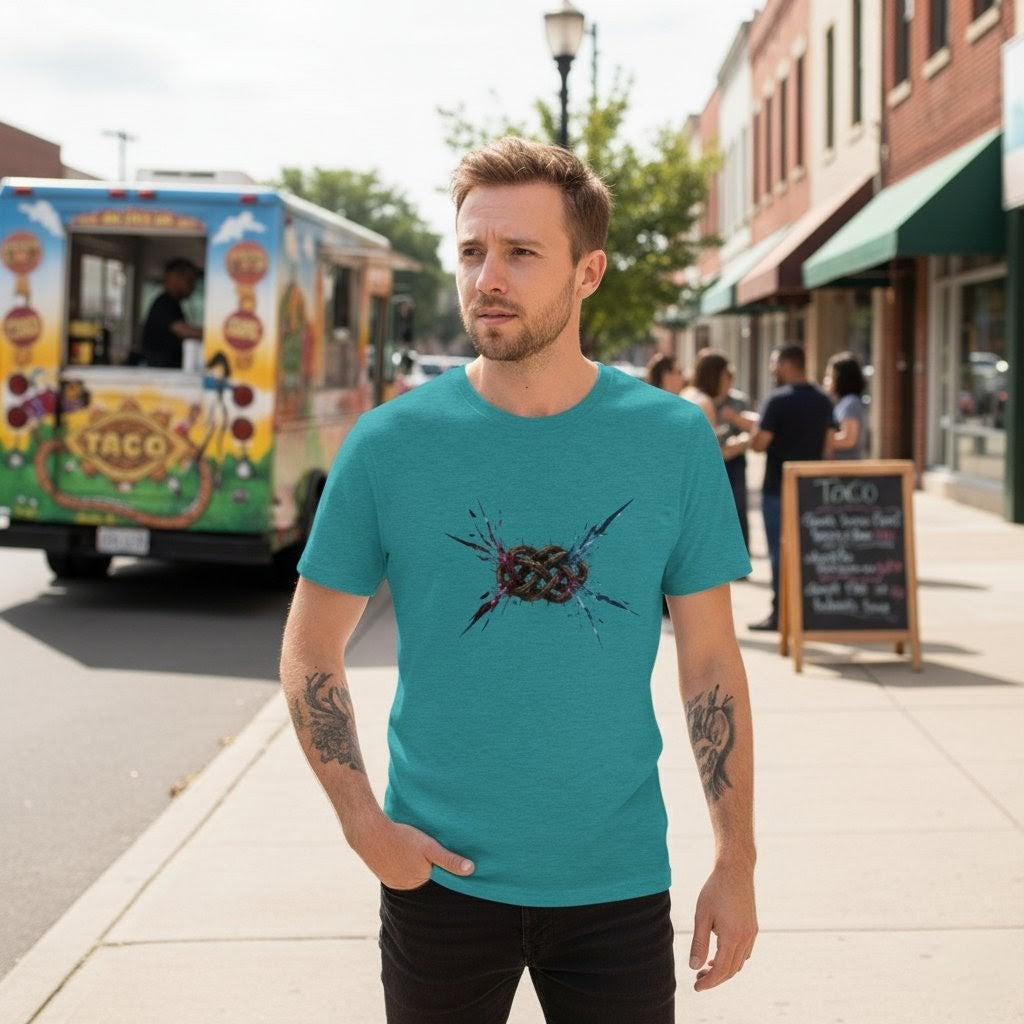 Man wearing a teal t-shirt with a graphic design on a sidewalk with a taco truck in the background.