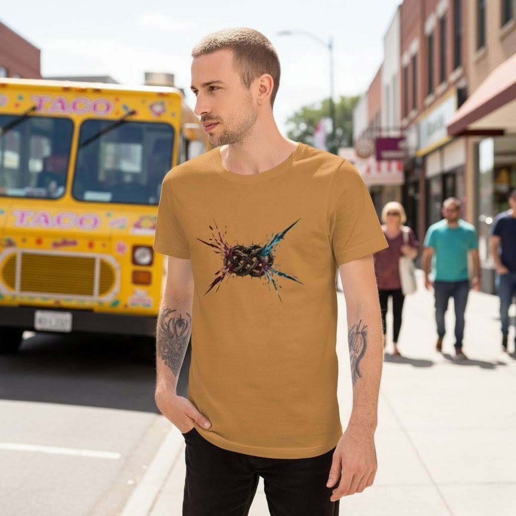 Man wearing a mustard yellow t-shirt with a graphic design on a city street.