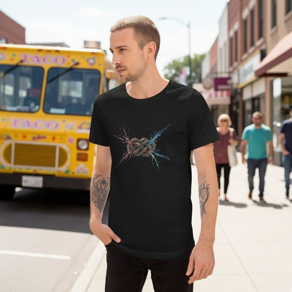Man wearing a black t-shirt with a graphic design on a city street with a Taco Bell truck in the background.