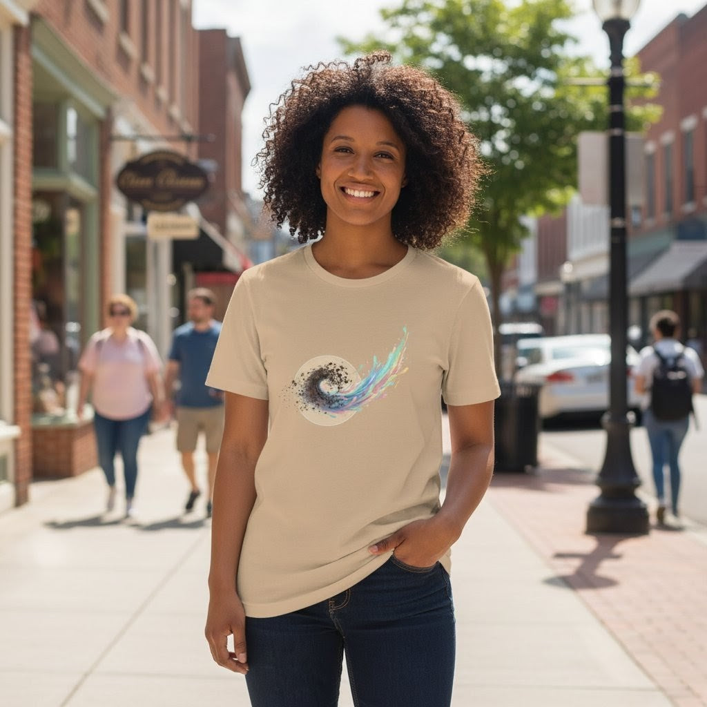 Woman wearing a beige t-shirt with a graphic design on a city street