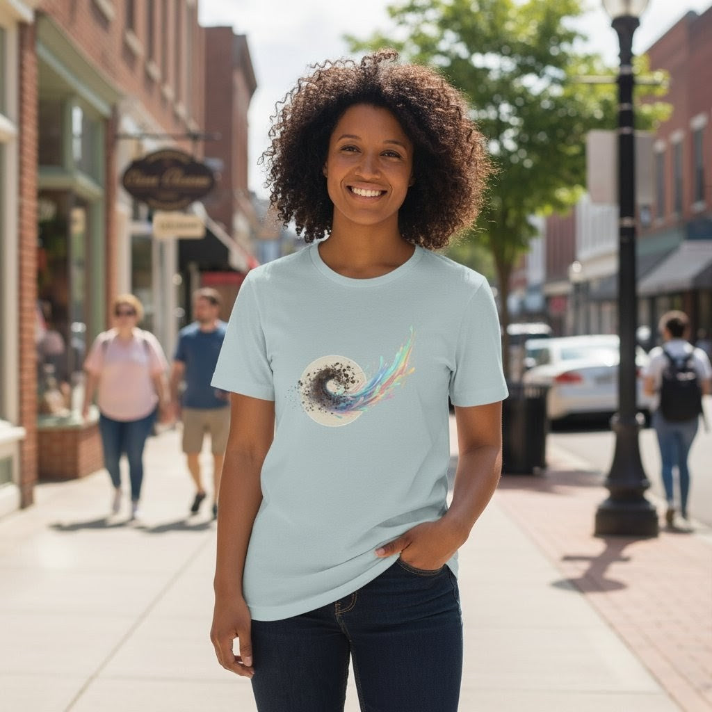 Woman wearing a light blue t-shirt with a graphic design on a city street.
