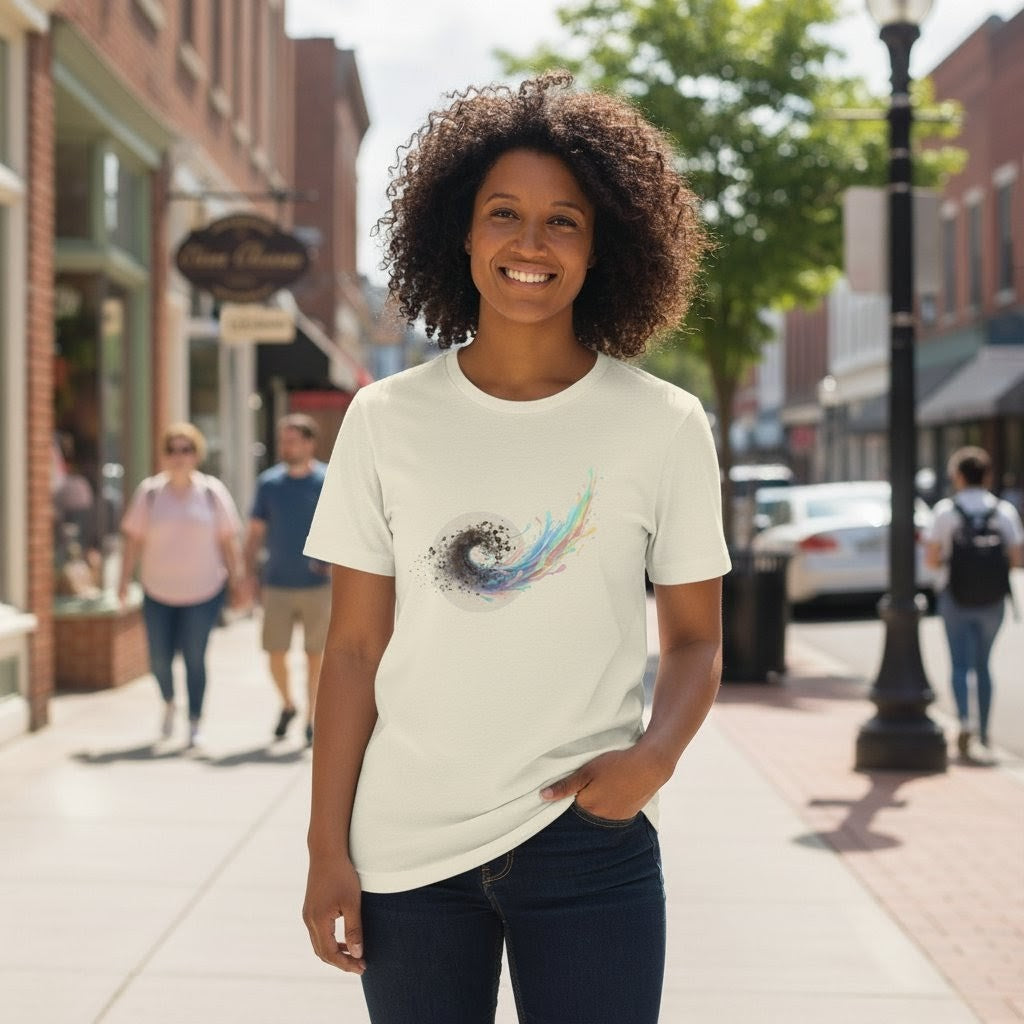 Woman wearing a white t-shirt with a graphic design on a city street