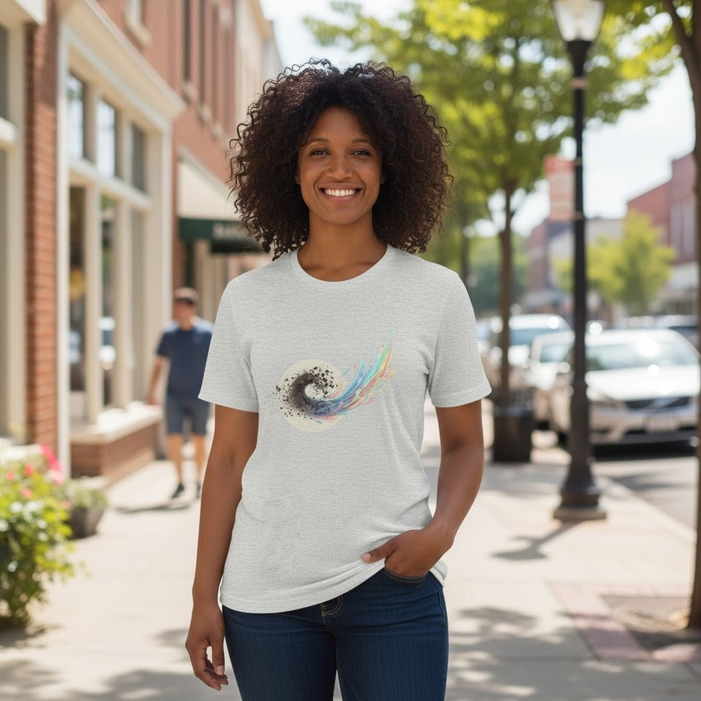 Woman wearing a gray t-shirt with a colorful design on a city street.